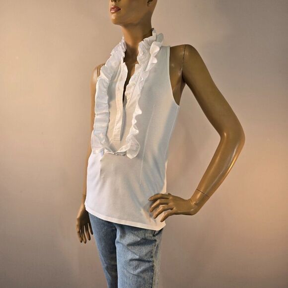 Boston Proper White Button Up Sleeveless Ruffled Top Size XS Stretch Fitted - Picture 1 of 10